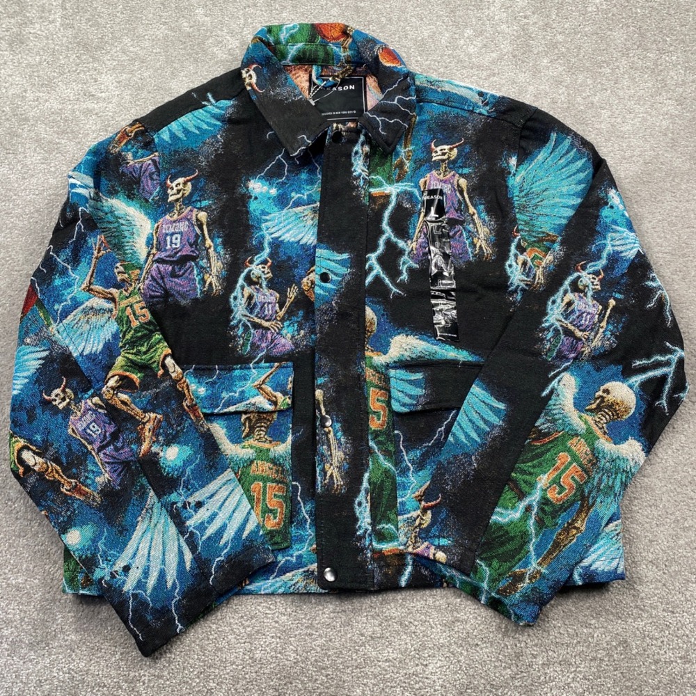 Reason Tapestry Jacket Mens Large Black Skeleton Basketball Graphic RCS6OM-815